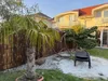 A backyard scene with a bamboo fence, palm tree, lounge chair, and a house in the background. Náhľad obrázku produktu