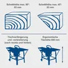 Diagrams showing the cutting height of a saw at different angles and illustrations of a table saw with extensions and at an ergonomic height. Anteprima dell’immagine prodotto