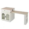 A white and wood-colored multifunctional kitchen island/desk with a drawer, cabinet doors with glass inserts, and an extendable countertop. Podgląd zdjęcia produktu