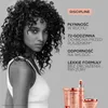 A woman with curly hair is shown next to text describing product features and several product bottles. Produktbild-Vorschau