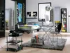 A modern bedroom with a bed, desk, chair, and shelving units. Produktbild-Vorschau
