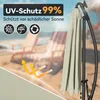 A beach scene with lounge chairs and a closed umbrella, with marketing text and icons overlayed. Voir les images du produit
