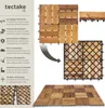 A collage of images showing wooden deck tiles, their underside, and a diagram illustrating their click system. Náhled obrázku produktu