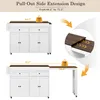 A kitchen island with a pull-out extension shown in two configurations, with dimensions and weight capacity indicated. Podgląd zdjęcia produktu