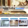 Collage of images showing different types of electric floor heating systems and a woman relaxing in a living room. Náhled obrázku produktu