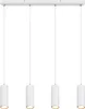 A white linear pendant light fixture with four cylindrical lamps hanging from a white bar. Náhled obrázku produktu