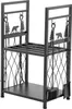 A black metal firewood rack with decorative bear and tree cutouts, and a set of fireplace tools including a brush, shovel, poker, and tongs. Podgląd zdjęcia produktu