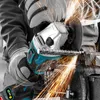 A person wearing gloves is using an angle grinder to cut a metal rod, with sparks flying. Voir les images du produit