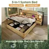 A modern bedroom with a system bed featuring integrated storage and shelves. Produktbild-Vorschau