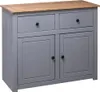 A gray sideboard with a wooden top and two drawers and two doors. Podgląd zdjęcia produktu