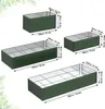 Multiple sizes of green metal raised garden beds are shown with dimensions. Voir les images du produit
