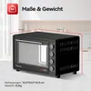 A black mini oven is shown with dimensions and weight indicated by text and measurement lines. Produktbild-Vorschau