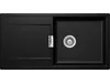A black kitchen sink with a drainer and a silver drain fitting. Produktbild-Vorschau