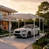 A white car is parked under a modern white carport next to a contemporary house during sunset. Produktbild-Vorschau
