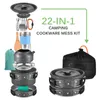 An exploded view of a camping cookware mess kit, showing all its components, and a packed view of the kit. Produktbild-Vorschau