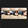 A collage of three images showing hands attaching a black car accessory to the headrest posts of a beige car seat. Voir les images du produit