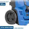 Close-up of a blue and black pressure washer, focusing on the wheel and side details, with marketing text overlays. Produktbild-Vorschau