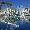 A marketing image for a Samsung Galaxy S21 FE 5G screen protector, showing the product and its features. Produktbild-Vorschau