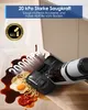 A wet/dry vacuum cleaner is shown cleaning up a spill of spaghetti, egg, and sauce on a wooden floor. Produktbild-Vorschau
