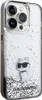 A close-up, angled view of a transparent phone case with glitter and a cartoon cat. Produktbild-Vorschau