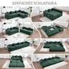 A collage of images showing different configurations of a modular green sofa bed. Produktbild-Vorschau