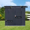 A dark gray metal garden shed is shown outdoors on a green lawn with a blue sky and some greenery in the background. Anteprima dell’immagine prodotto