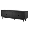 A black, modern TV stand with sliding doors and minimalist legs, presented against a plain white background. Produktbild-Vorschau