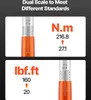 A split image showing two scales of a torque wrench, one in N.m and the other in lbf.ft, with corresponding numerical values and measurement indicators. Podgląd zdjęcia produktu
