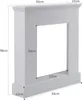 A white fireplace surround with dimensions indicated by text overlays. Produktbild-Vorschau