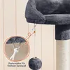A close-up of a dark gray cat tree, showing a dangling toy and a detail of how it attaches. Podgląd zdjęcia produktu