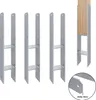 Four H-shaped metal post anchors are shown in a row, with a fifth anchor holding a wooden post on the right. A close-up inset shows the thickness of the metal. Náhled obrázku produktu