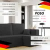 A dark gray sectional sofa in a modern living room setting, with text overlays highlighting product features. Voir les images du produit