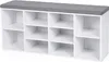 A white shoe cabinet with a gray upholstered seat on top, shown against a white background. Náhľad obrázku produktu