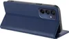A blue flip case for a smartphone is shown from a side angle, with the phone partially visible inside. Produktbild-Vorschau