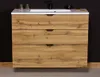 A wooden bathroom vanity with a white sink and countertop, against a dark background. Produktbild-Vorschau