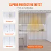 A kitchen scene with transparent plastic strip curtains hanging in the doorway, with text overlays highlighting product features. Voir les images du produit