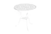 A white cast aluminum garden table with a decorative top and three legs, isolated on a white background. Produktbild-Vorschau