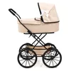 A classic-style baby doll pram with a beige fabric body and black wheels, set against a white background. Produktbild-Vorschau