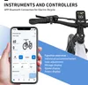 A hand holding a smartphone displaying an e-bike app, with a close-up of an electric bicycle's handlebar and display in the background. Produktbild-Vorschau