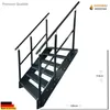 A black metal staircase with handrails against a white background, with dimensions indicated. Náhled obrázku produktu