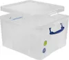 A transparent storage box with blue handles and lid slightly ajar. Voir les images du produit