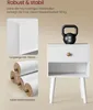 A white nightstand with a kettlebell on top, and images of materials used in its construction. Produktbild-Vorschau