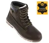 A brown leather boot with a white and gray sole, shown against a white background. A yellow square overlay with text and a logo is in the upper right corner. Voir les images du produit