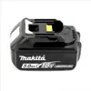 A black Makita 18V lithium-ion battery pack with white and yellow accents, shown from a slightly elevated front-side angle against a white background. Produktbild-Vorschau