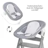 A baby bouncer seat shown in two configurations: as a standalone bouncer and attached to a high chair. Arrows indicate the transition between modes. Produktbild-Vorschau
