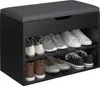 A black shoe storage bench with a gray cushioned top, filled with various shoes. Náhled obrázku produktu