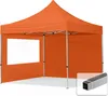 An orange pop-up tent with a window and a close-up of aluminum tubing in the bottom right corner. Voir les images du produit