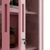 A close-up view of a pink metal cabinet with a key in the lock and a potted plant inside. Produktbild-Vorschau