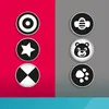 A split image showing three black and white icons on a pink background on the left, and three black and white icons on a gray background on the right. Produktbild-Vorschau