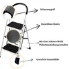 A white stepladder with black steps and handle grip, with labels pointing to its features. Voir les images du produit